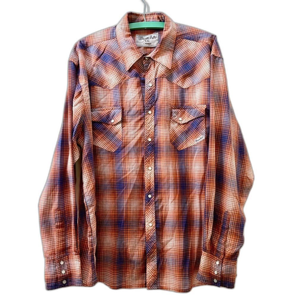 Big Man Wrancher by Wrangler Rust/Blue Plaid Western Pearl Snap Shirt Size XL